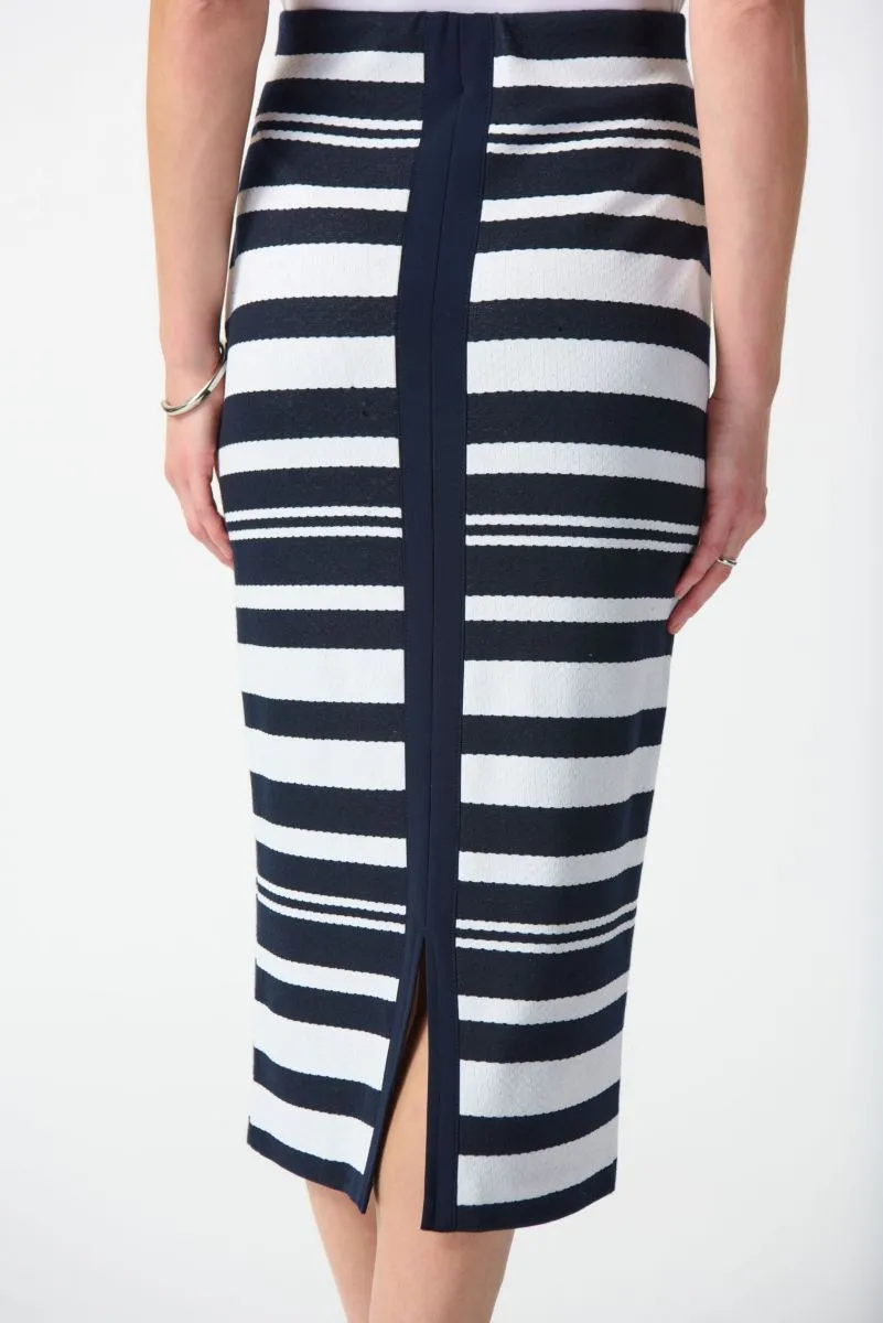 Joseph Ribkoff Midnight Blue/Off-White Striped Knit Pull On Midi Pencil Skirt 242050