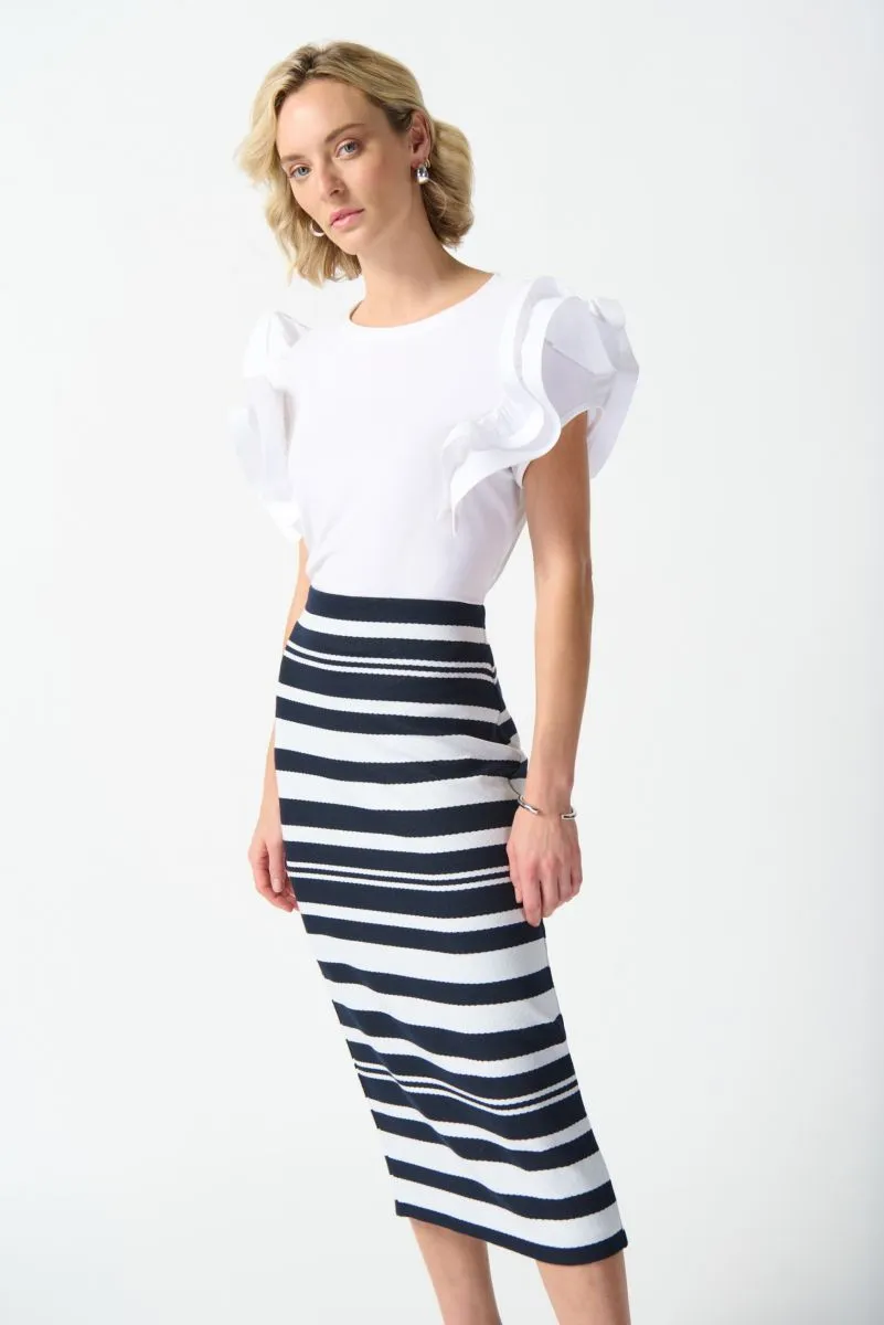 Joseph Ribkoff Midnight Blue/Off-White Striped Knit Pull On Midi Pencil Skirt 242050