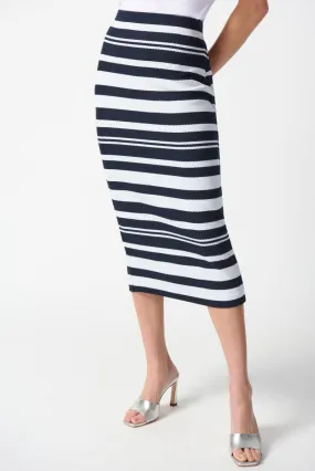 Joseph Ribkoff Midnight Blue/Off-White Striped Knit Pull On Midi Pencil Skirt 242050