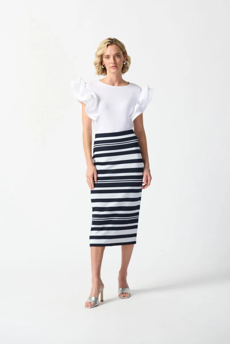 Joseph Ribkoff Midnight Blue/Off-White Striped Knit Pull On Midi Pencil Skirt 242050