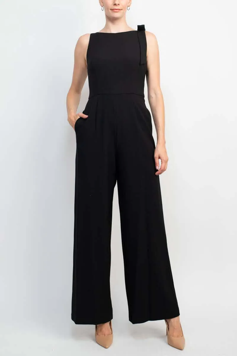 Julia Jordan Boat Neck Sleeveless Bow Shoulder Zipper Back Solid Crepe Jumpsuit