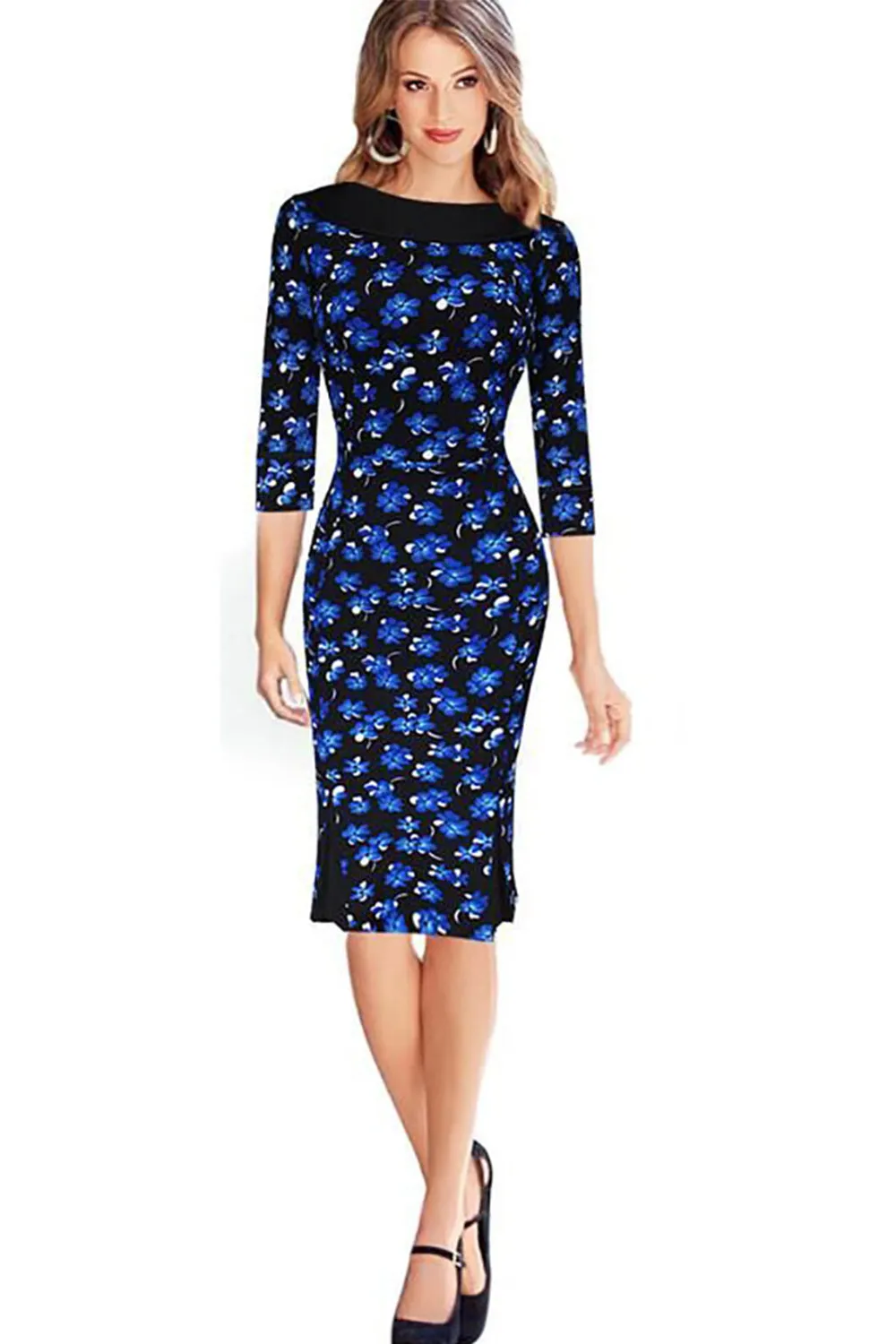 Ketty More Women Classic Blue Orchids Flowers Printed Bodycon Dress-KMWD370