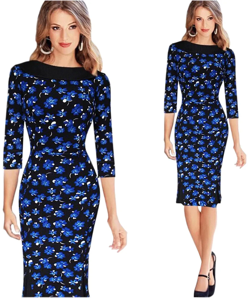 Ketty More Women Classic Blue Orchids Flowers Printed Bodycon Dress-KMWD370