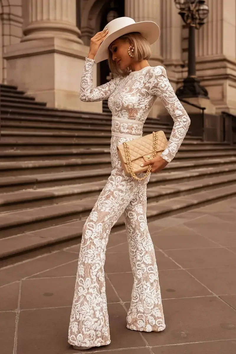 Lace Embroidery High Waist Flare Jumpsuit Long Sleeve