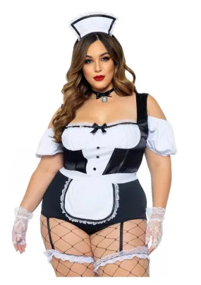 Leg Avenue Foxy Frenchie Garter Bodysuit with Attached Apron, Choker, and Hat Headband