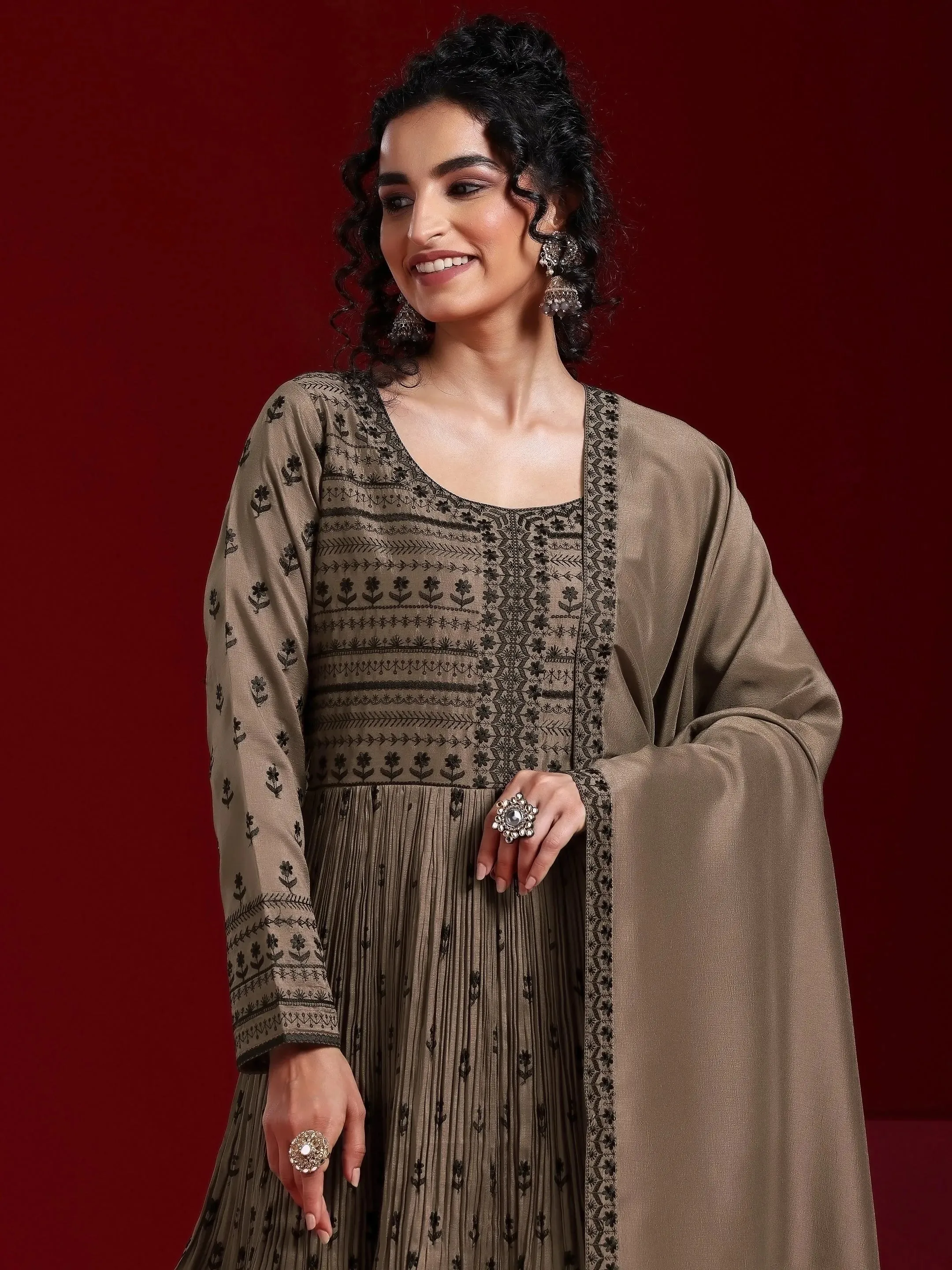 Libas Art Brown Embroidered Silk Blend A-Line Kurta With Sharara & Dupatta