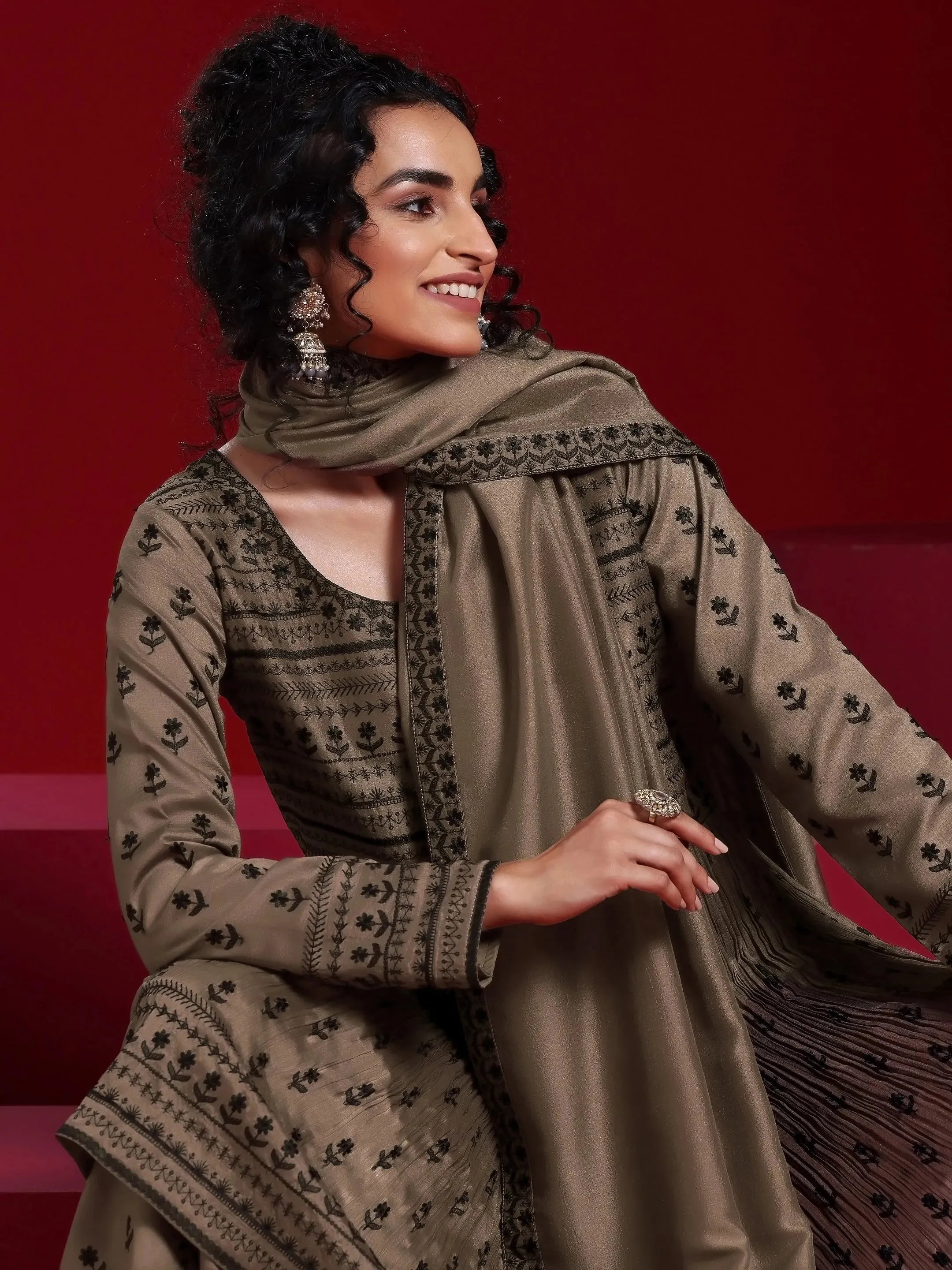 Libas Art Brown Embroidered Silk Blend A-Line Kurta With Sharara & Dupatta