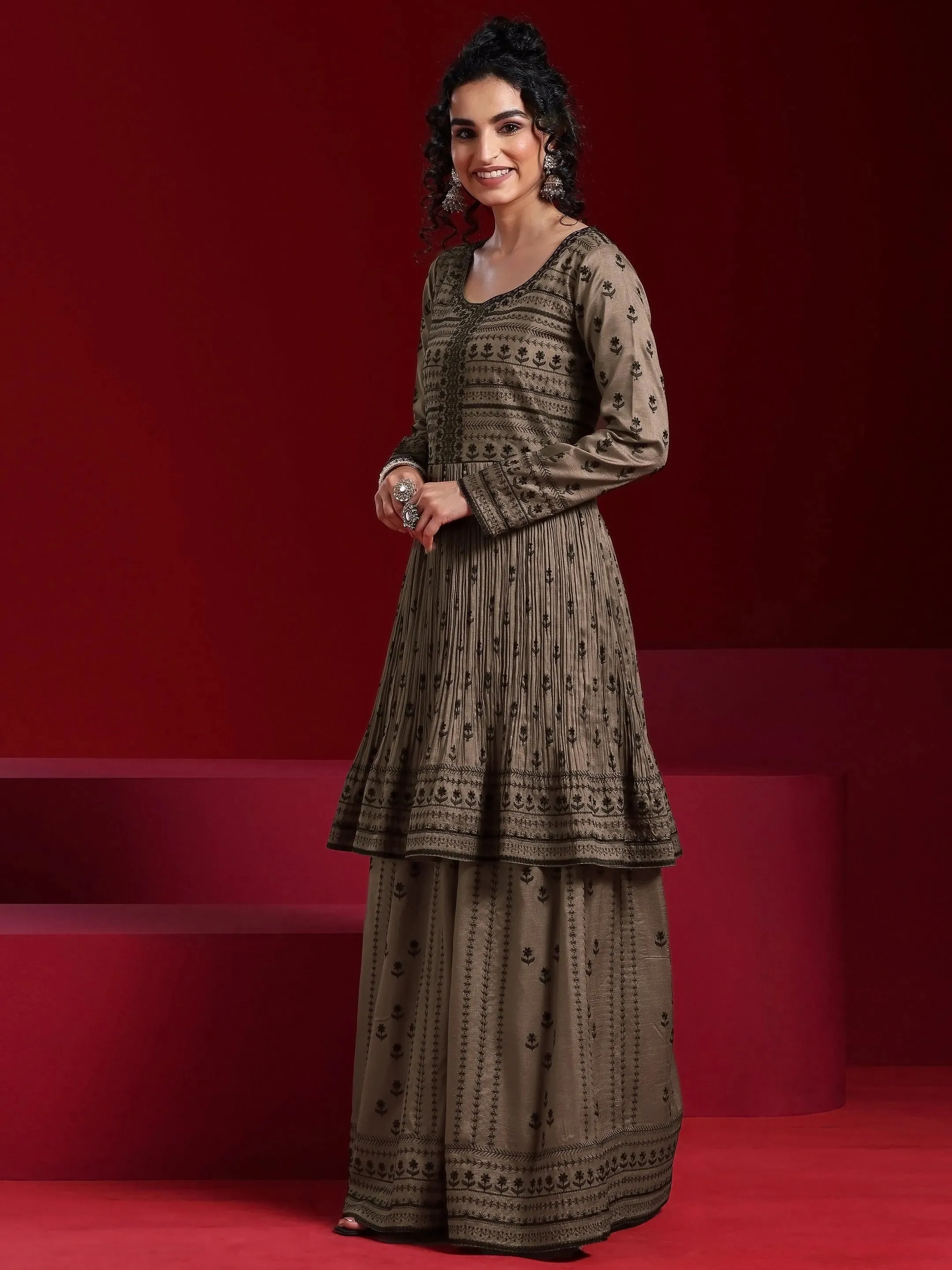 Libas Art Brown Embroidered Silk Blend A-Line Kurta With Sharara & Dupatta