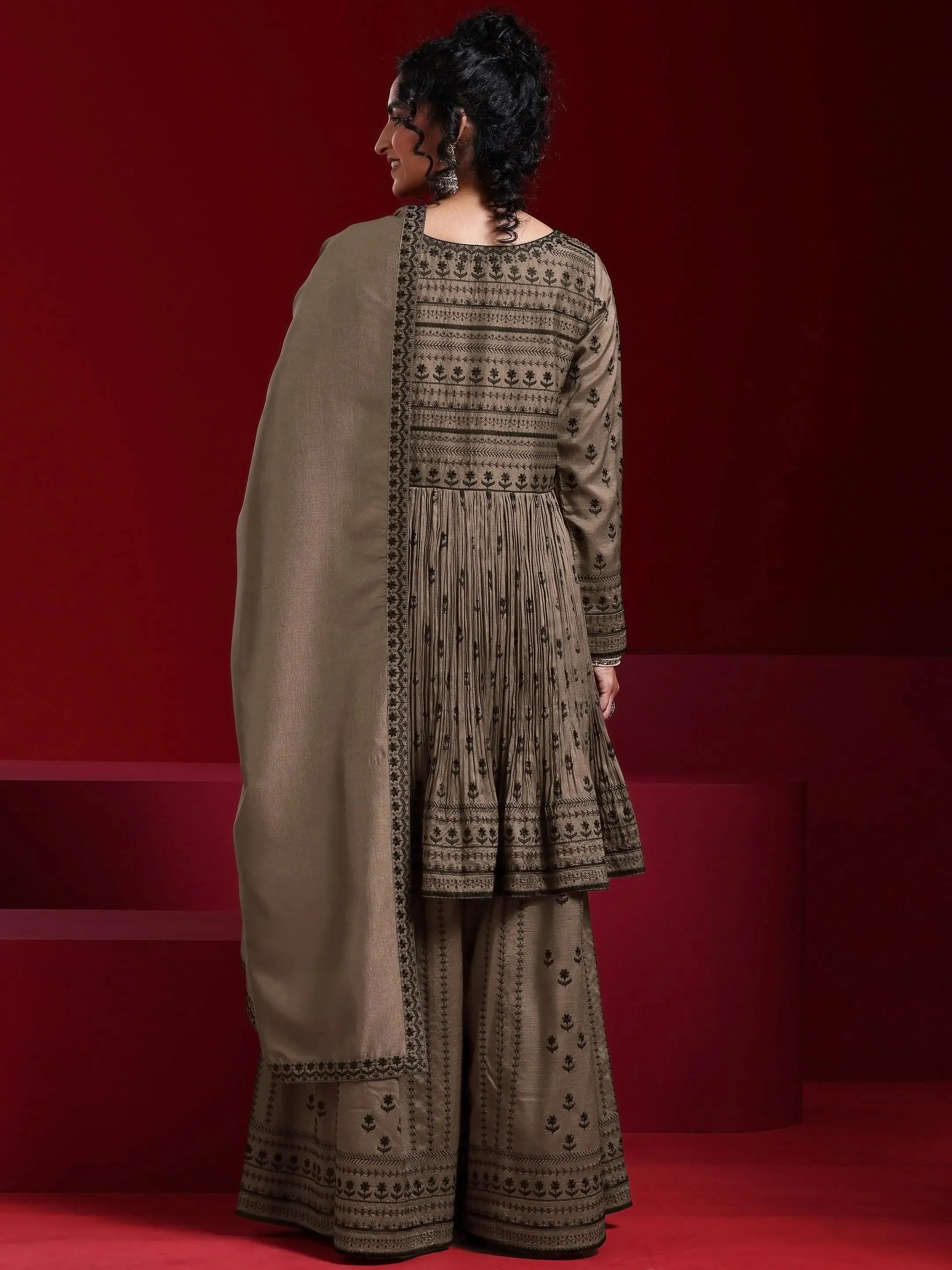 Libas Art Brown Embroidered Silk Blend A-Line Kurta With Sharara & Dupatta