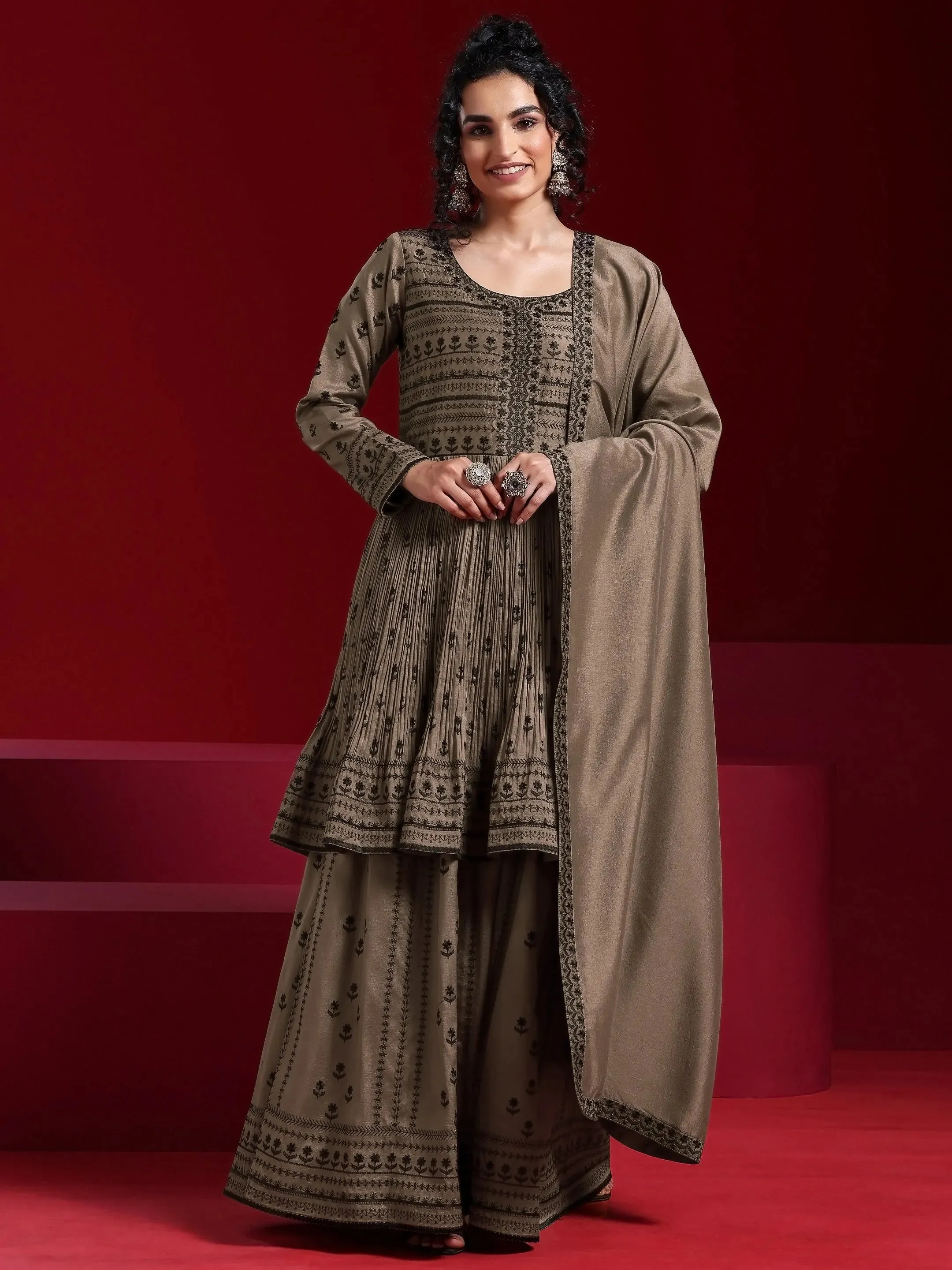 Libas Art Brown Embroidered Silk Blend A-Line Kurta With Sharara & Dupatta