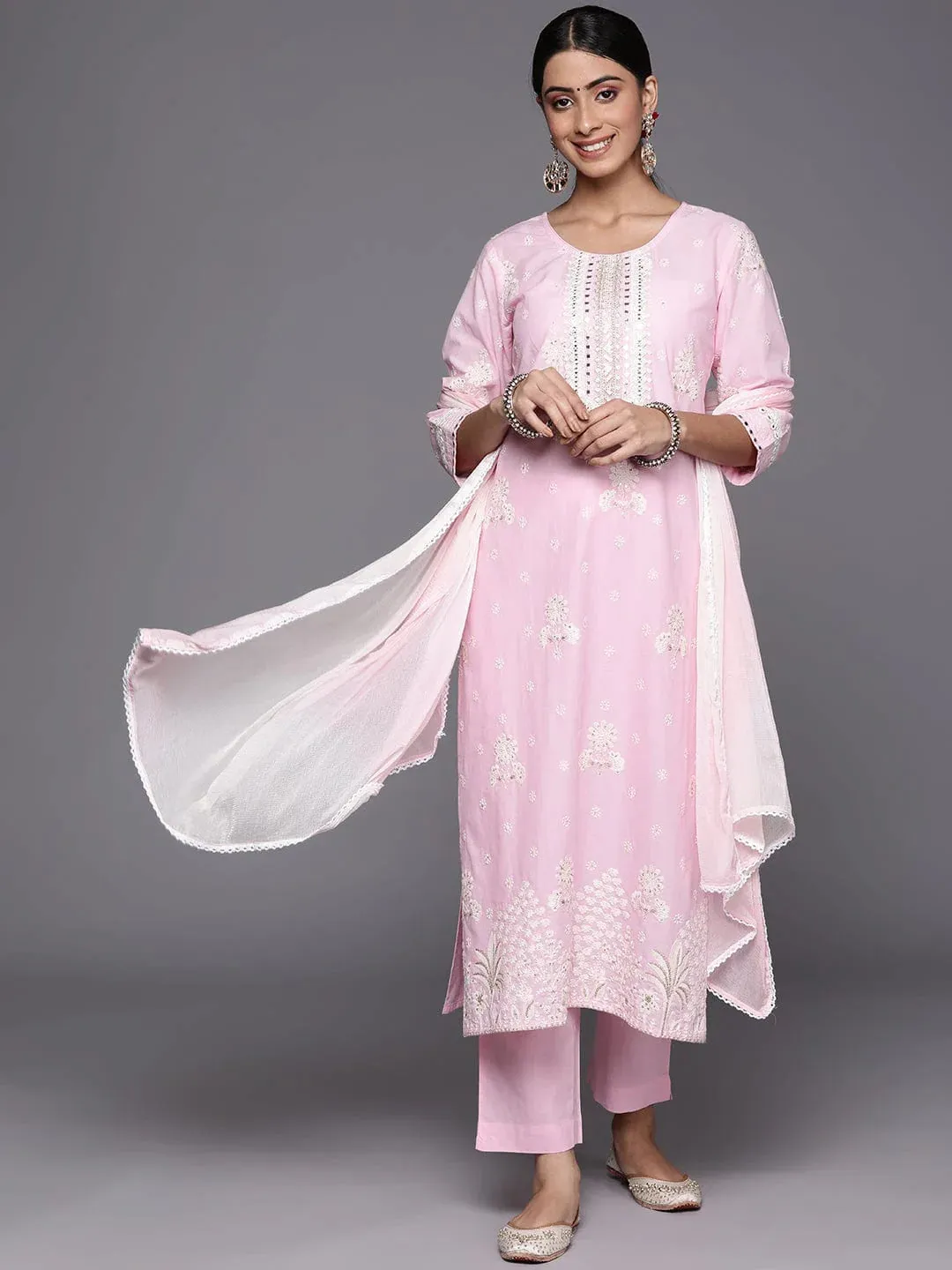 Light Pink Cotton Embroidered Kurta Palazzo Set with Silk Chiffon Dupatta