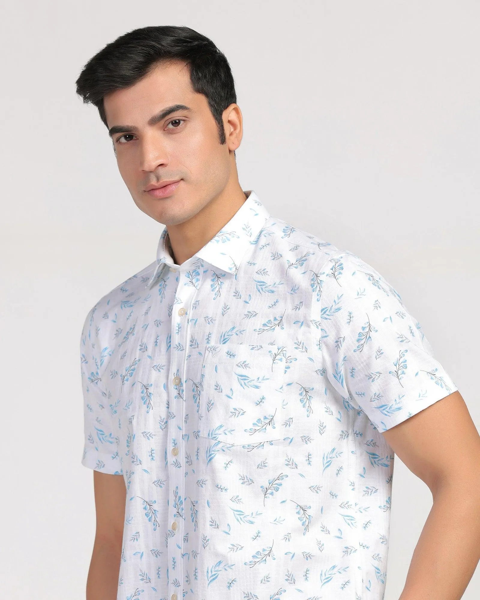 Linen Casual Half Sleeve Blue Printed Shirt - Martin