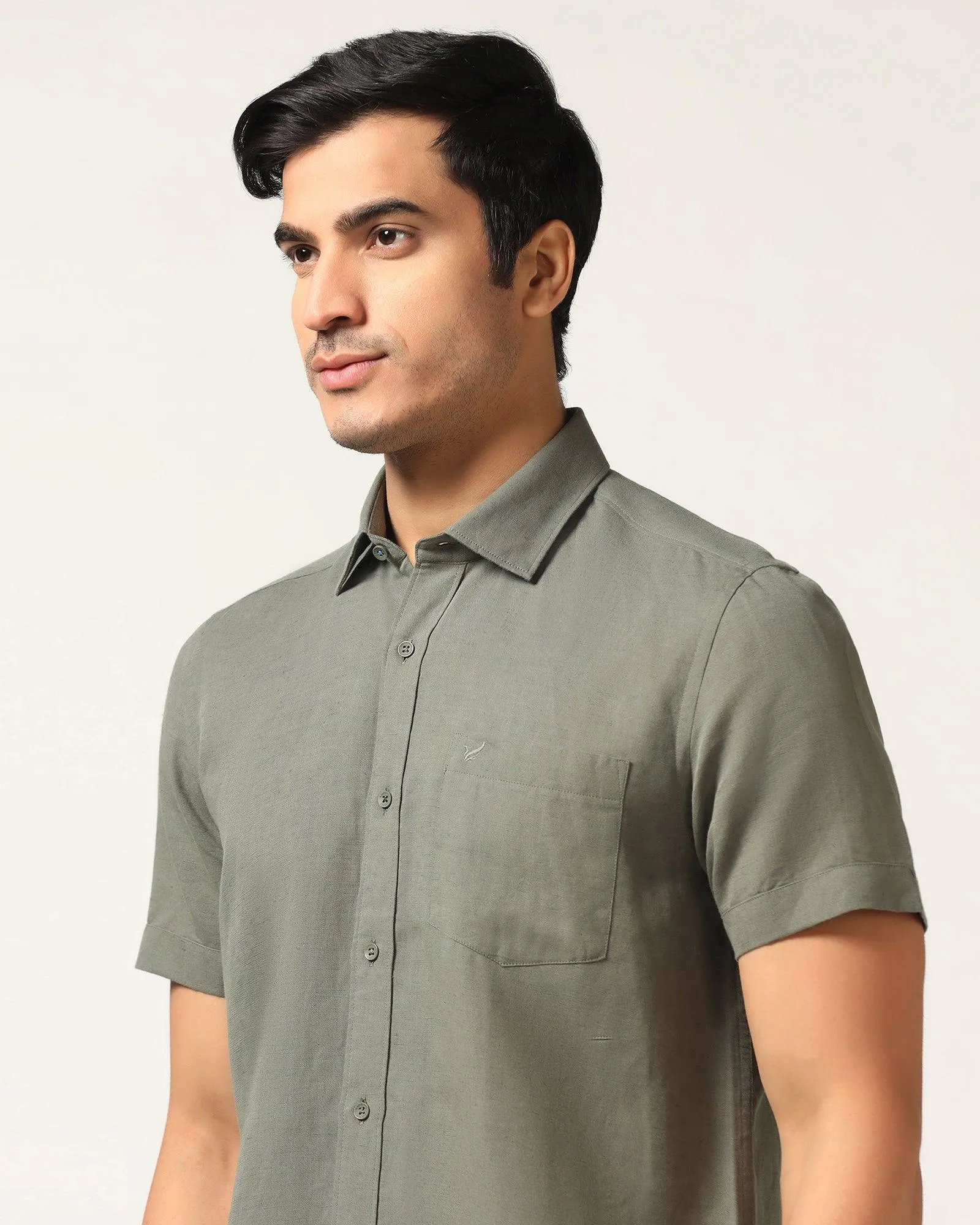 Linen Casual Half Sleeve Olive Solid Shirt - Salmon