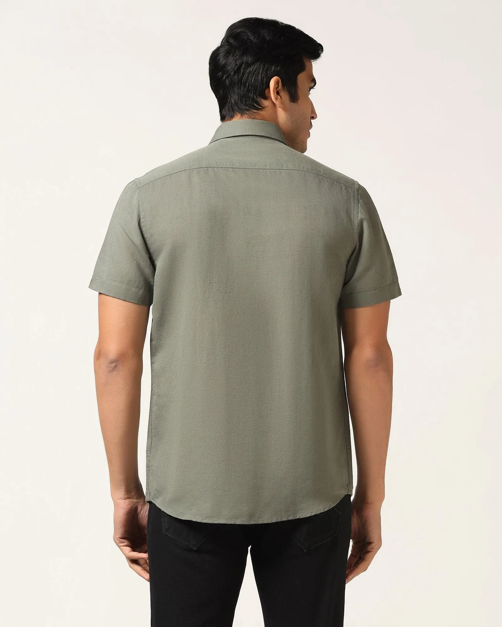 Linen Casual Half Sleeve Olive Solid Shirt - Salmon