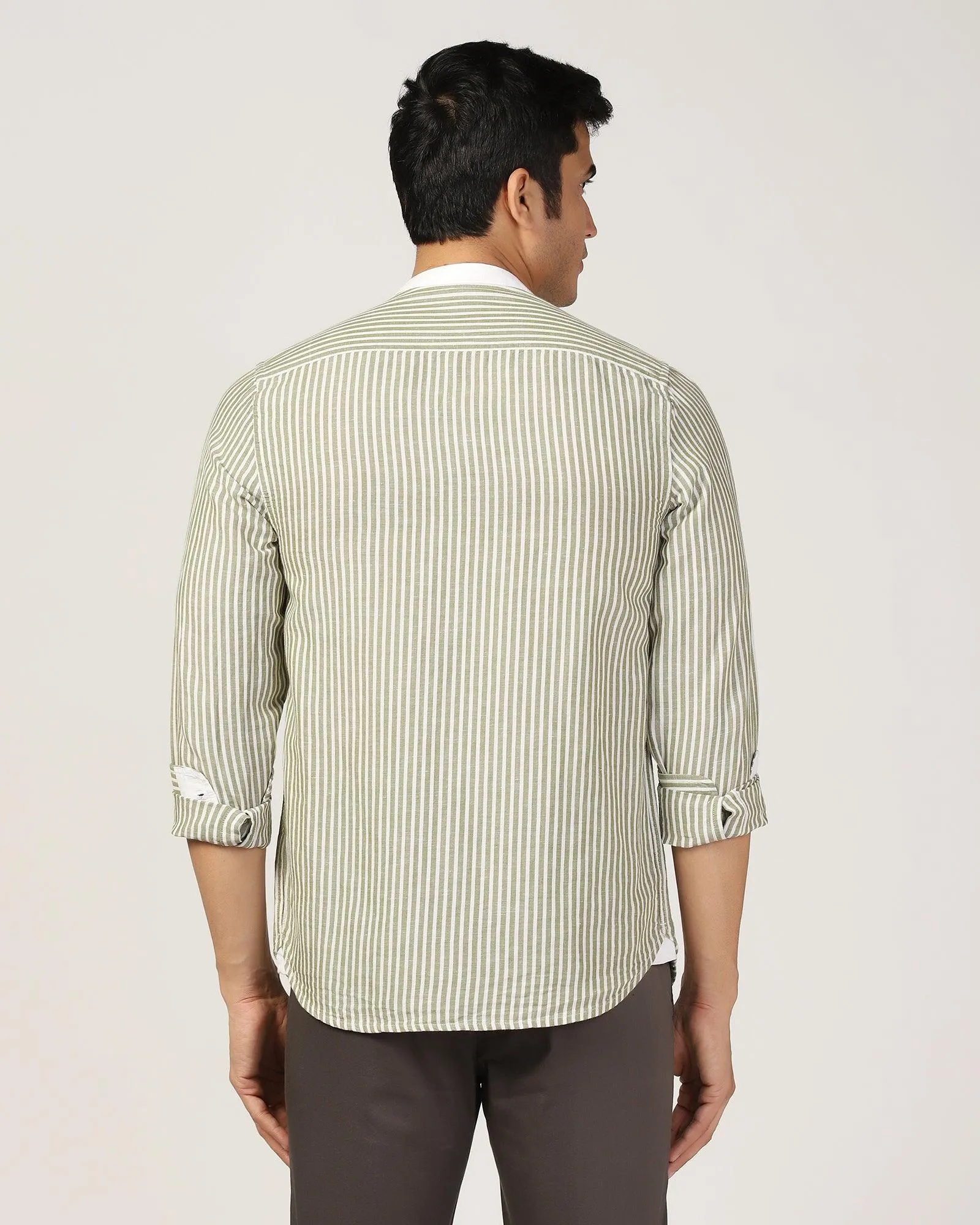 Linen Casual Olive Stripe Shirt - Fiji