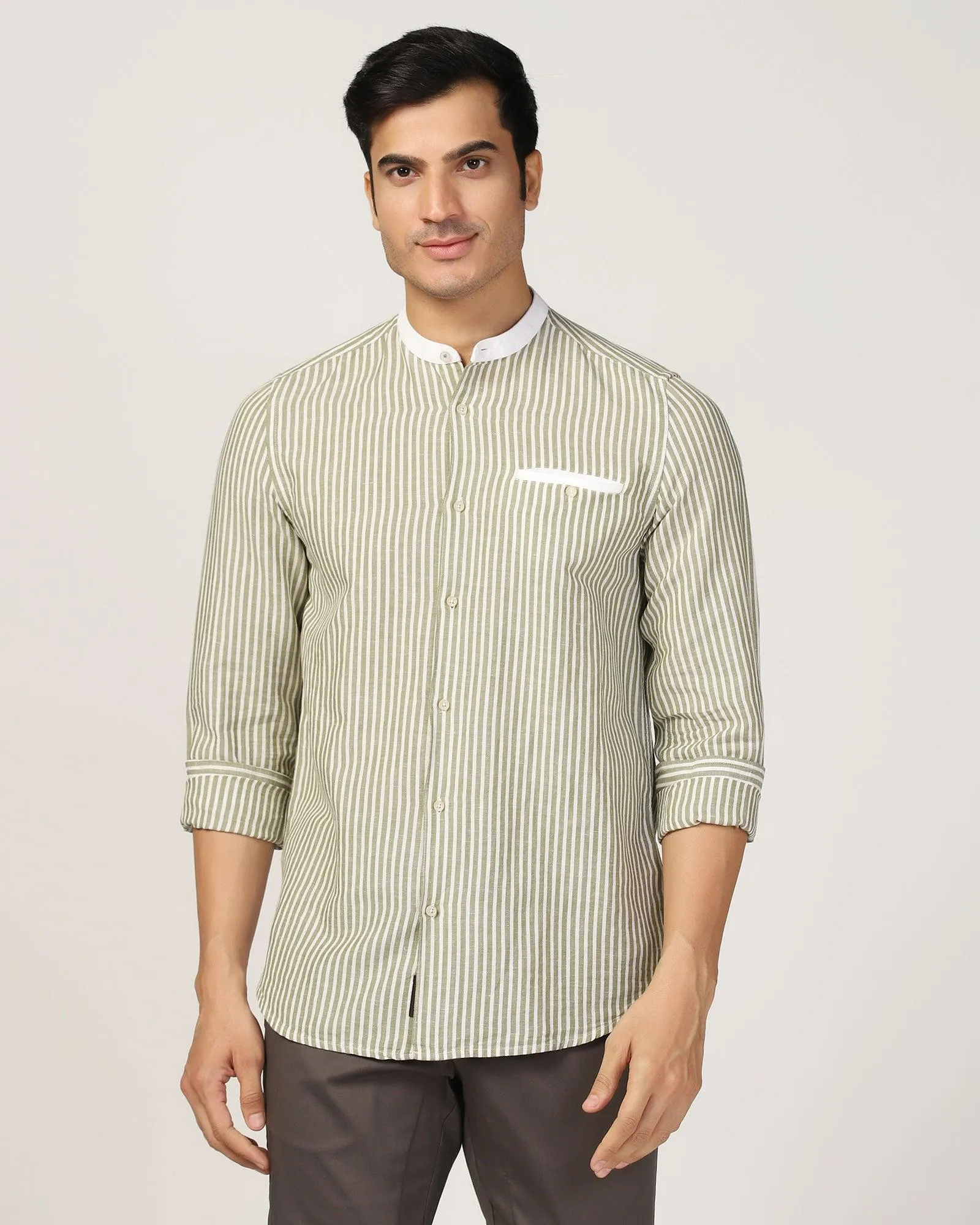 Linen Casual Olive Stripe Shirt - Fiji