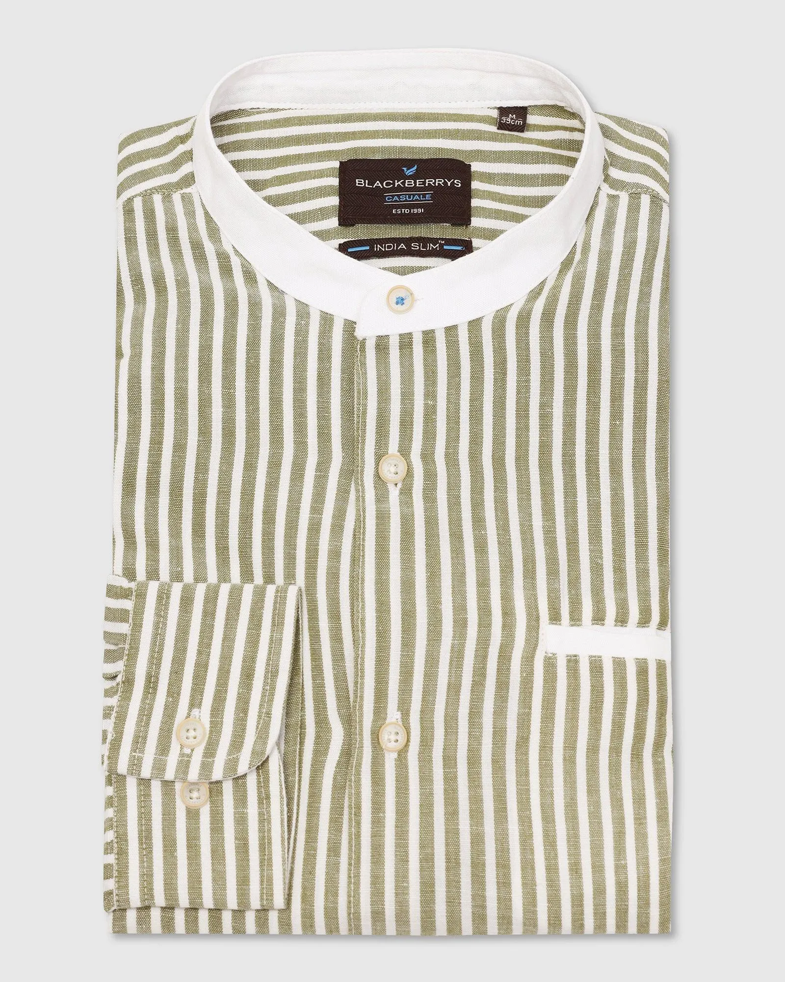 Linen Casual Olive Stripe Shirt - Fiji