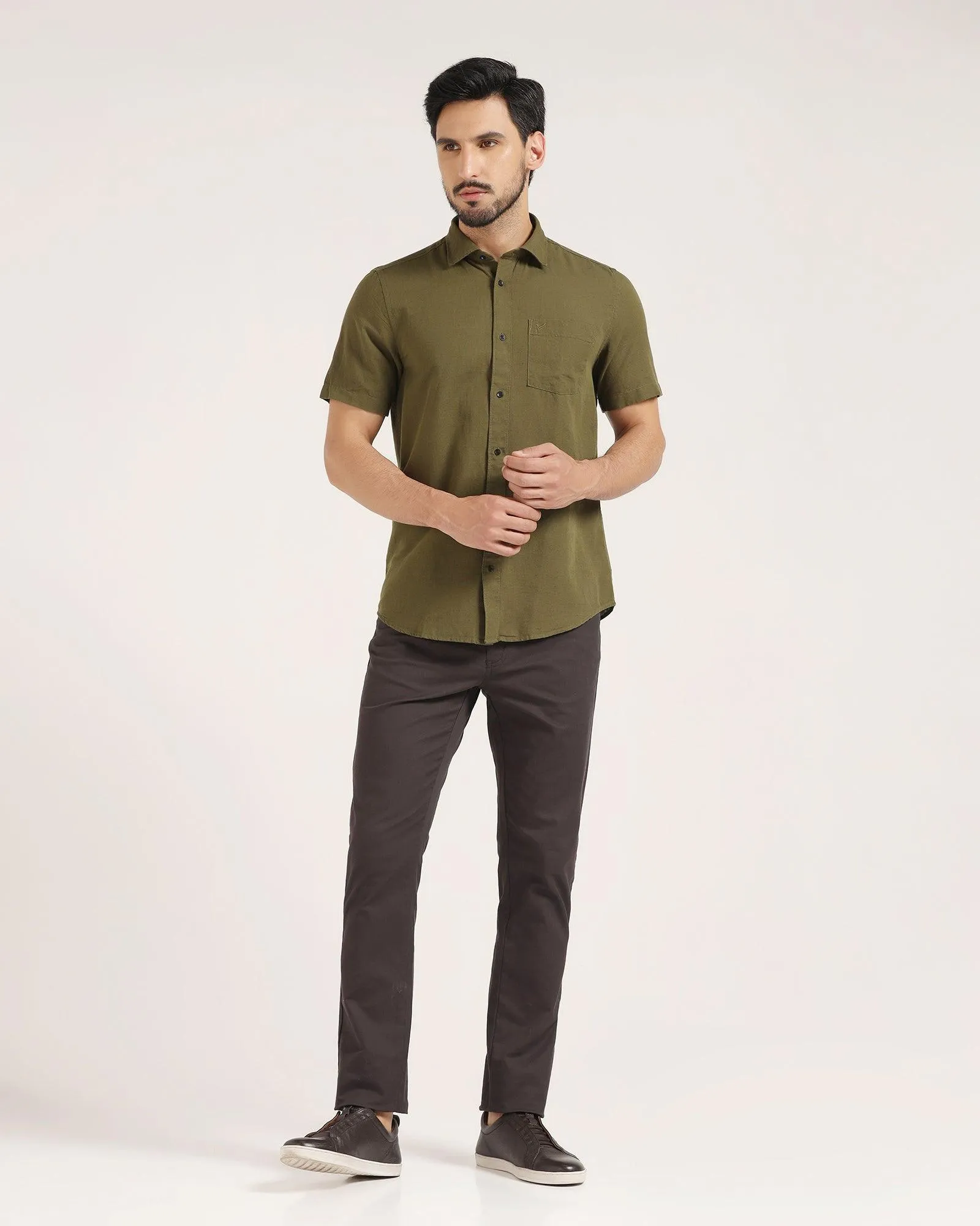 Linen Formal Half Sleeve Olive Solid Shirt - Lang