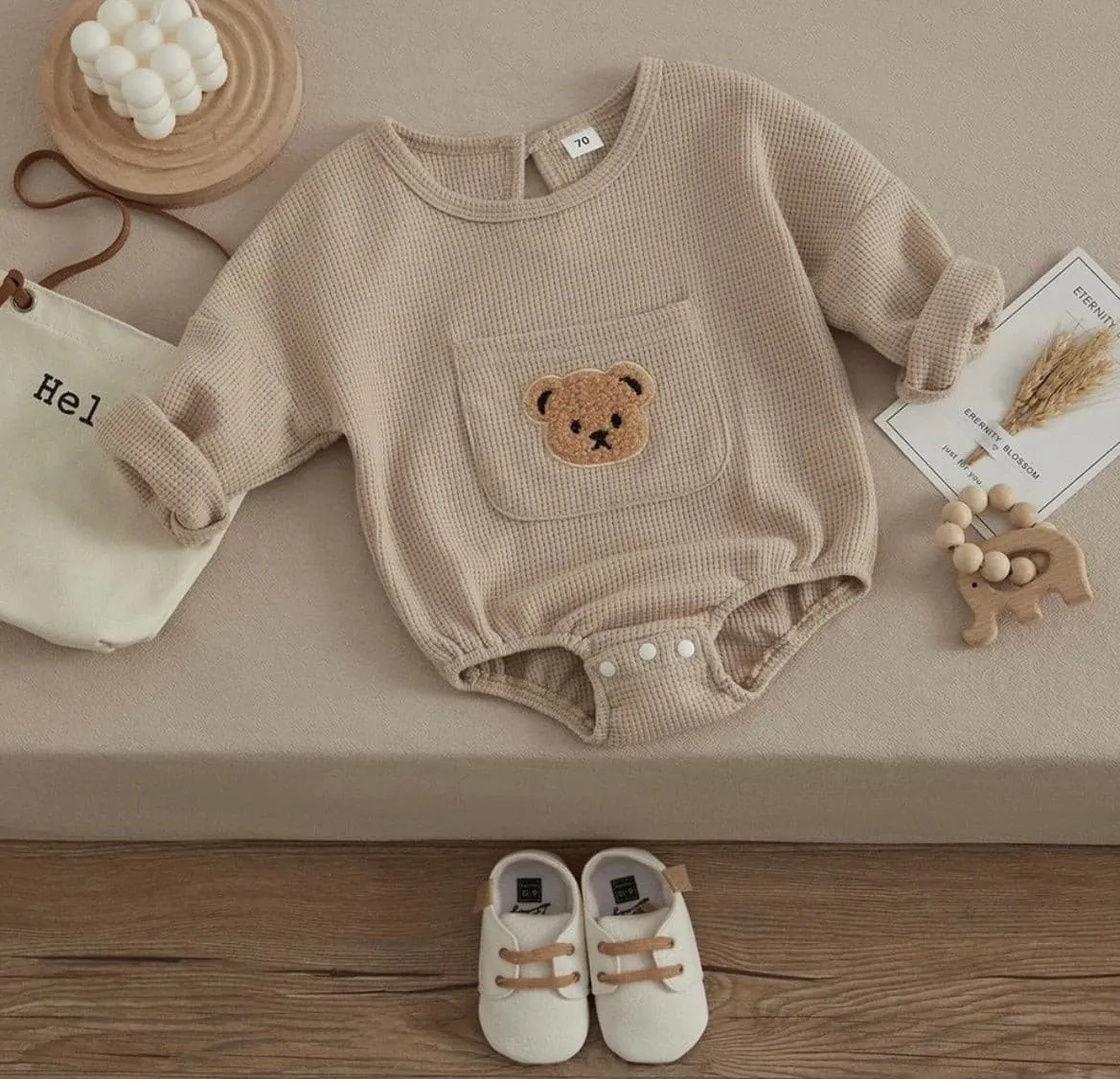 Little Bear - Waffle Knit Cotton Baby Oversized Romper