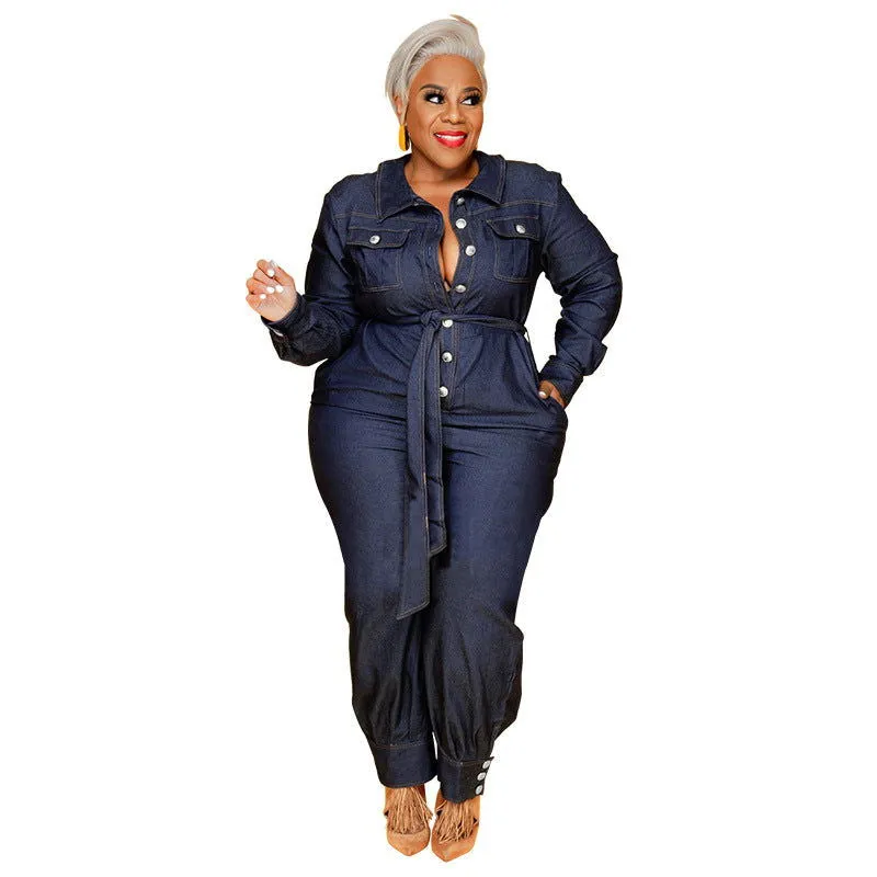 Long Sleeve Button Decor Collared Plus Size Denim Jumpsuits