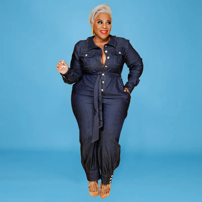 Long Sleeve Button Decor Collared Plus Size Denim Jumpsuits