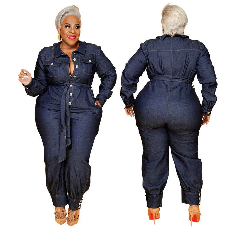 Long Sleeve Button Decor Collared Plus Size Denim Jumpsuits