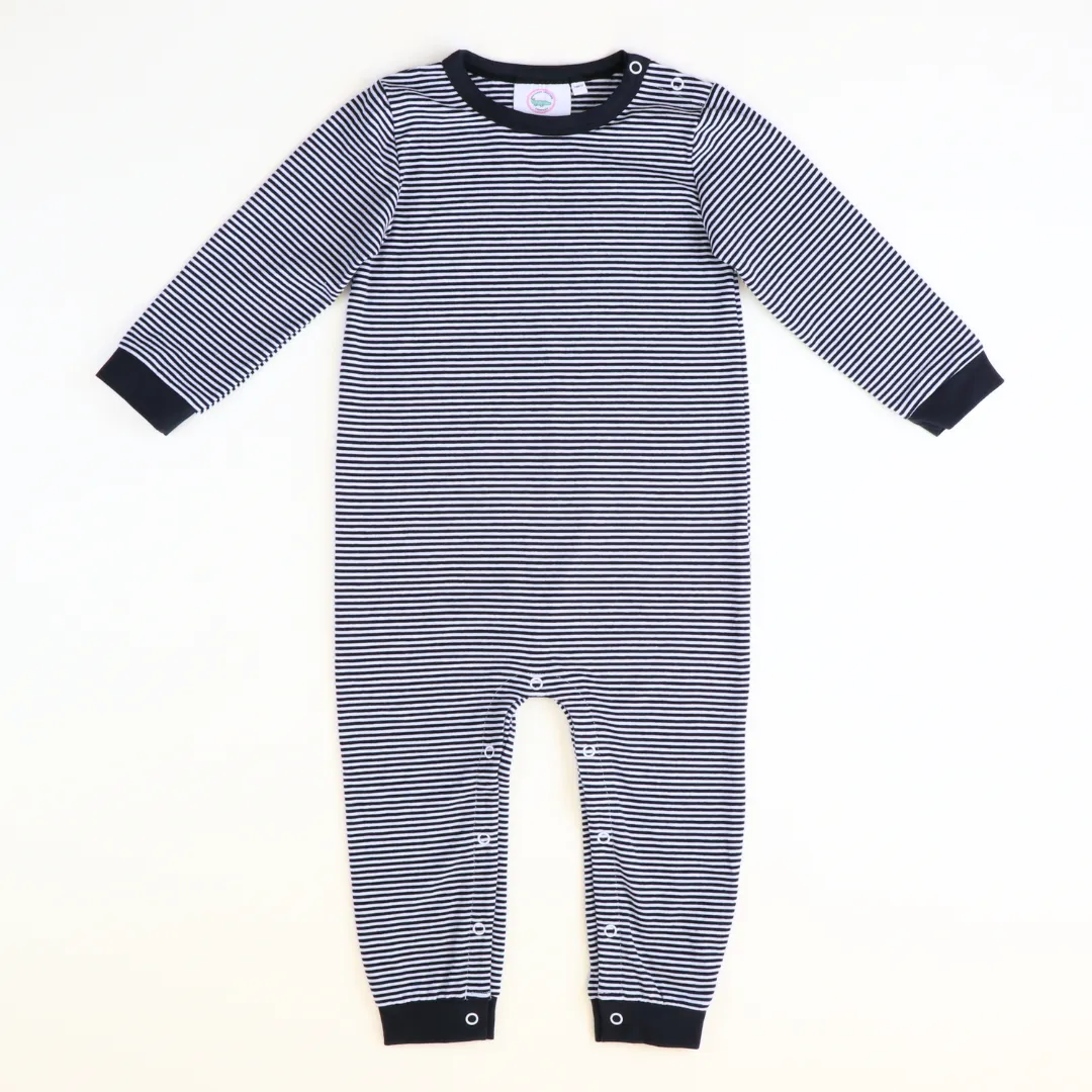 L/S Out & About Romper - Navy Blue & White Thin Stripe