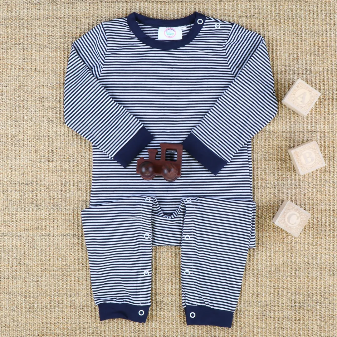 L/S Out & About Romper - Navy Blue & White Thin Stripe