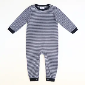 L/S Out & About Romper - Navy Blue & White Thin Stripe