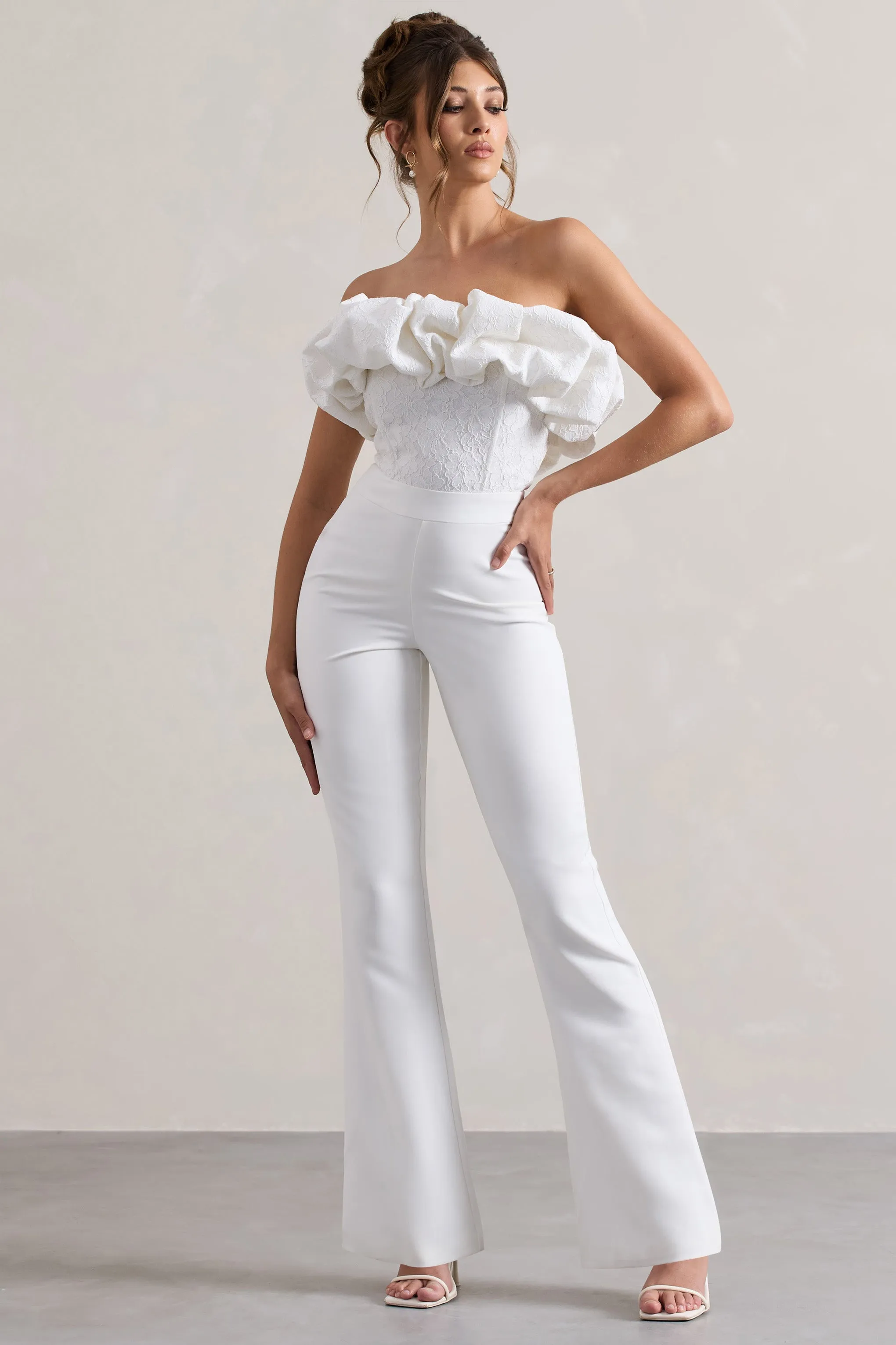 Maddox | White Strapless Ruffled Flared-Leg Jumpsuit