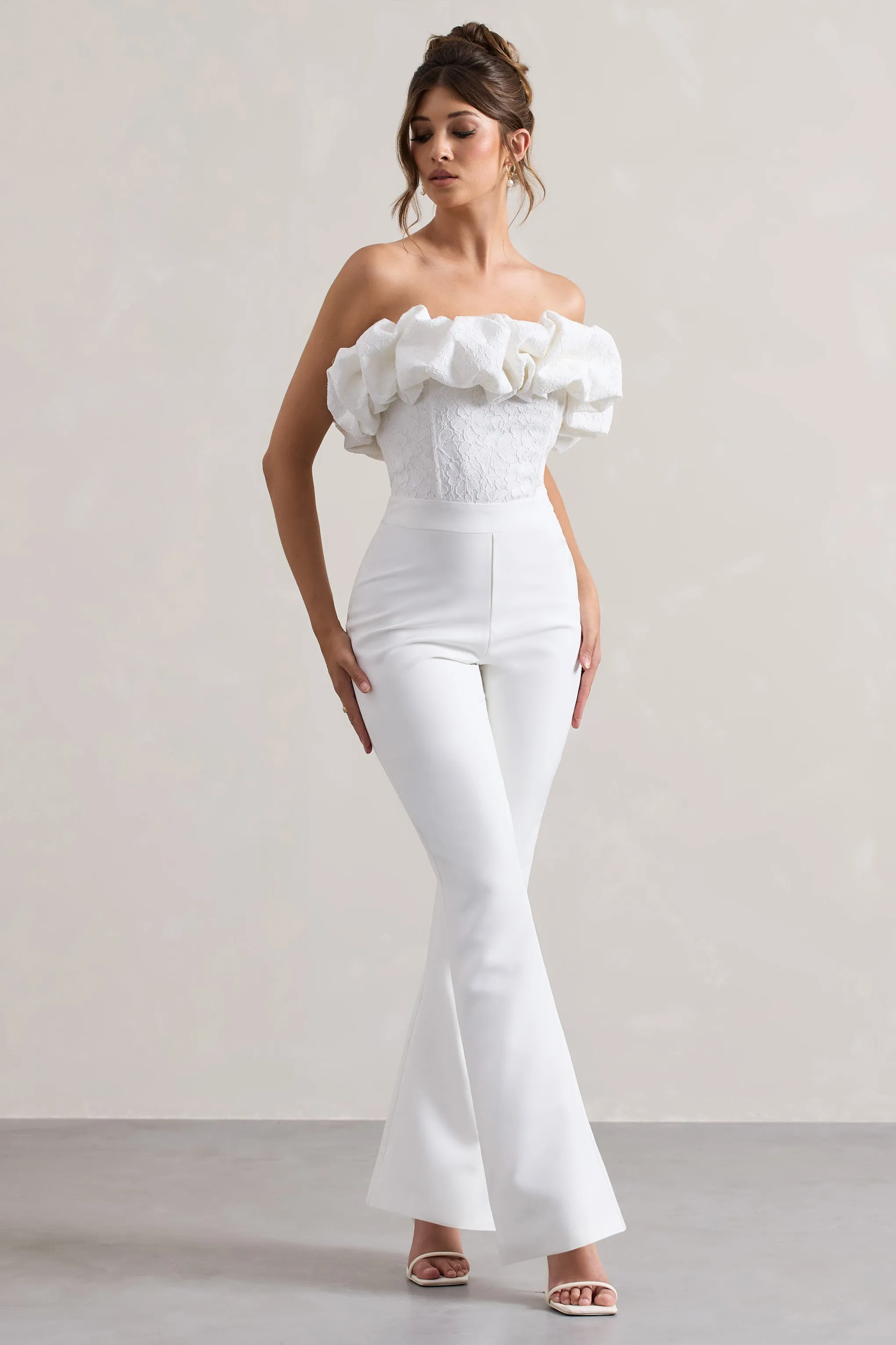 Maddox | White Strapless Ruffled Flared-Leg Jumpsuit