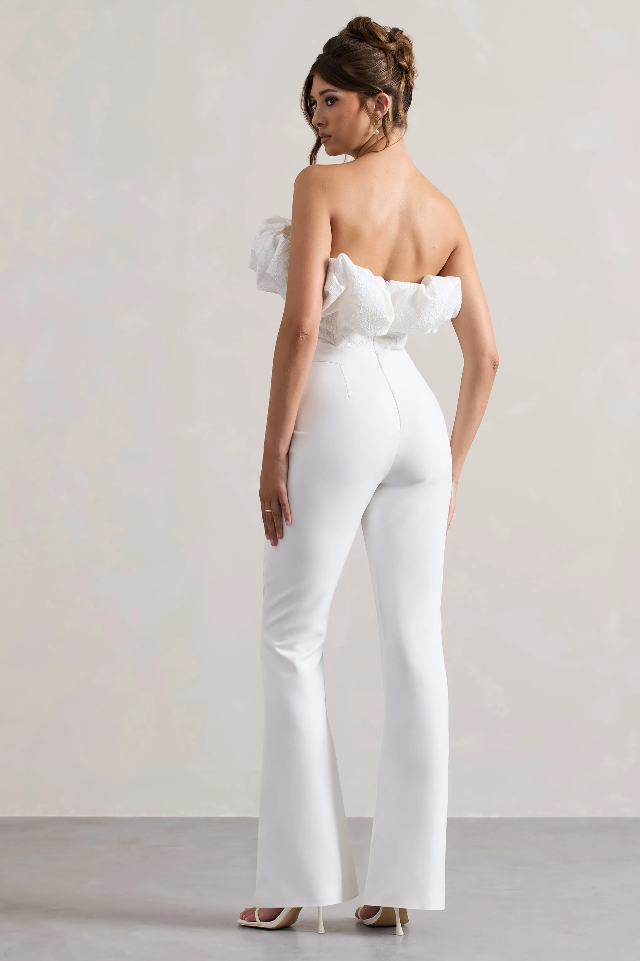 Maddox | White Strapless Ruffled Flared-Leg Jumpsuit