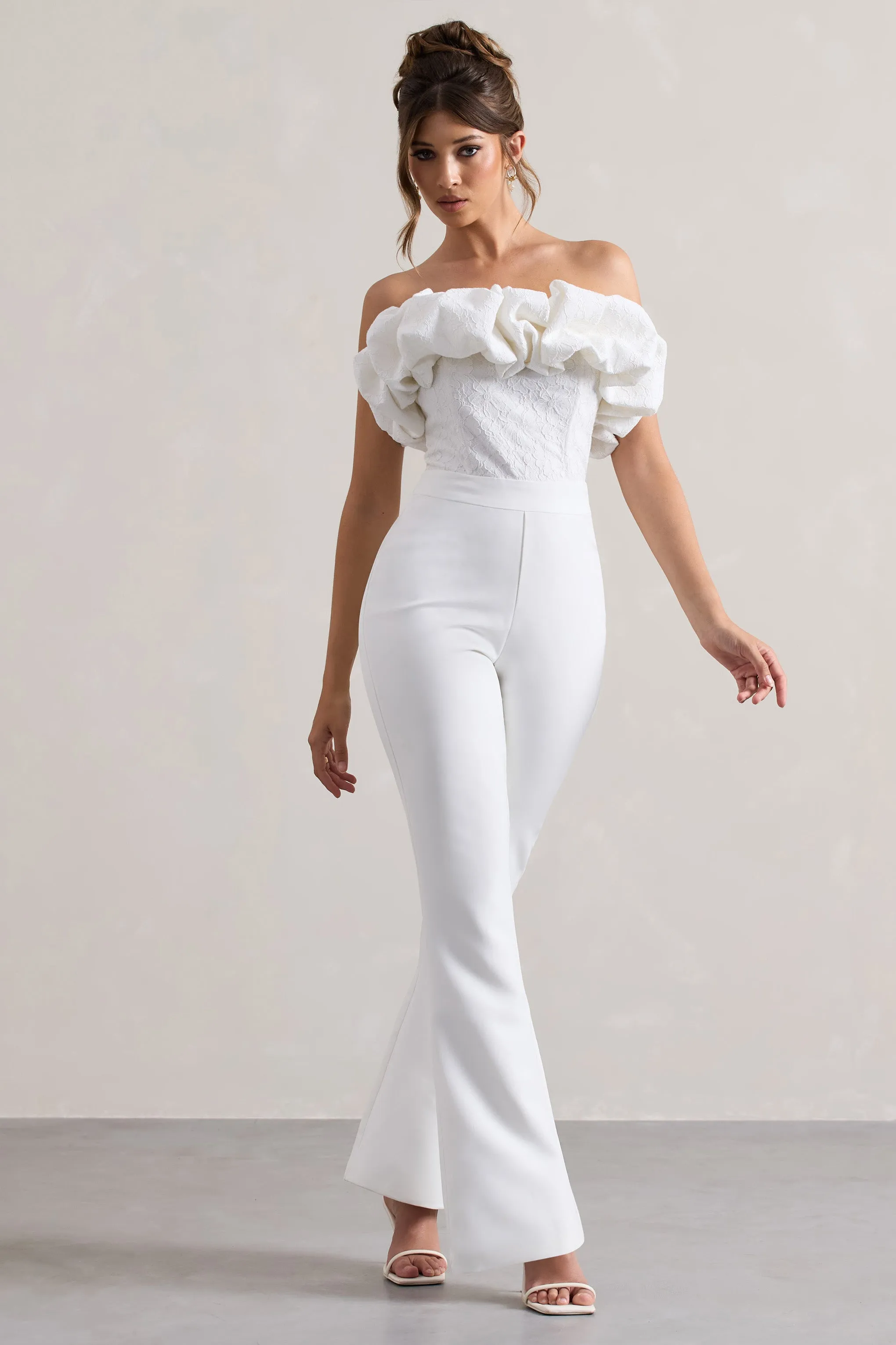 Maddox | White Strapless Ruffled Flared-Leg Jumpsuit