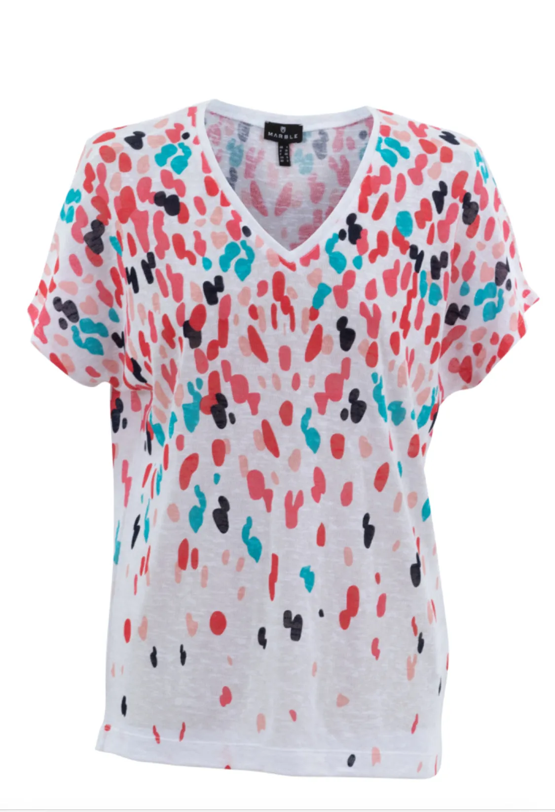 Marble 6947 Fine Knit Multi Scatter Print V-Neck Short Sleeved Top (2 Colours)