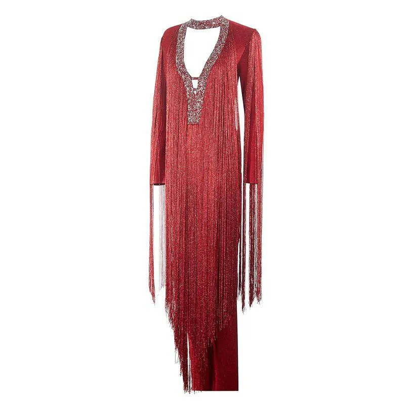 Mary Long Sleeve Fringe V-Neck Sequins Jumpsuit