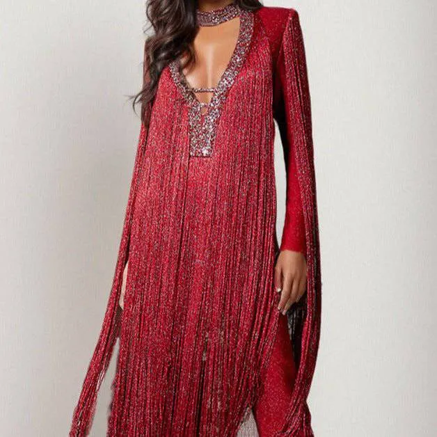 Mary Long Sleeve Fringe V-Neck Sequins Jumpsuit