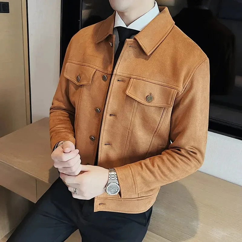 Men's Autumn Winter Suede Jacket – Slim Fit Thickened Lapel Coat for Casual Business & Streetwear