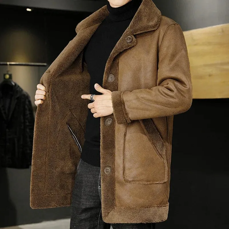 Men's Double-Sided Winter Jacket Granular Velvet Splicing Slim Solid Color Long Coat