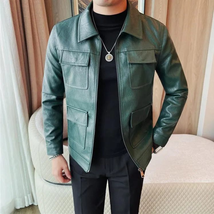 Men's Leather Motorcycle Jacket - Fashion Lapel Design, Casual Streetwear PU Coat for Business & Social Outfits