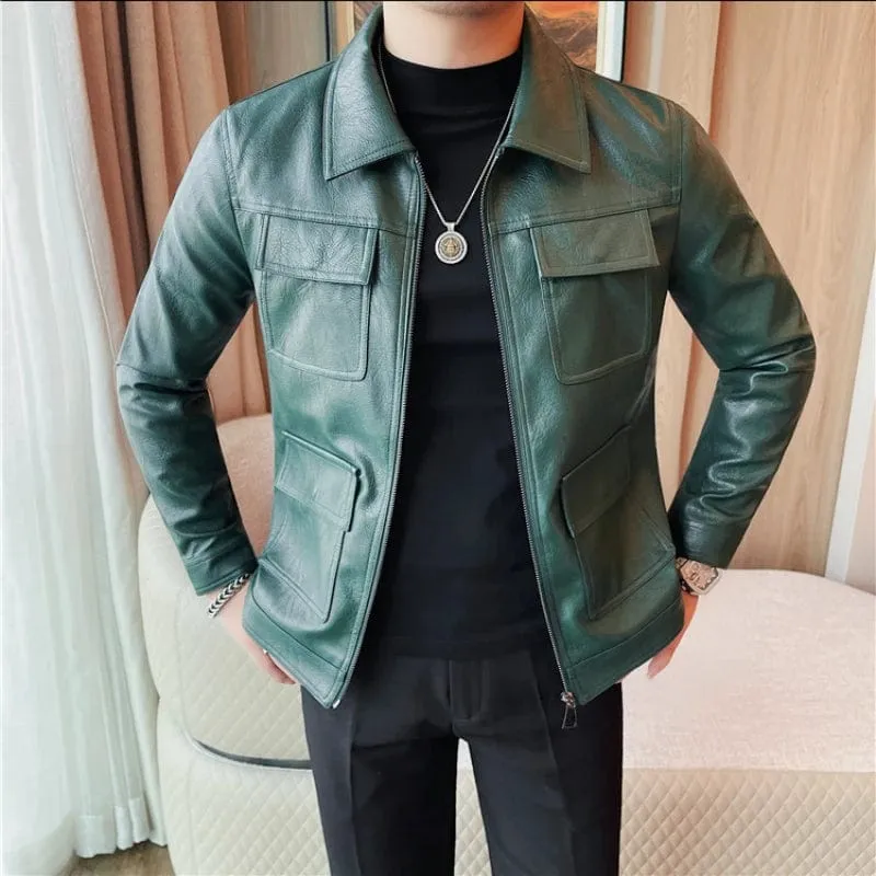 Men's Leather Motorcycle Jacket - Fashion Lapel Design, Casual Streetwear PU Coat for Business & Social Outfits