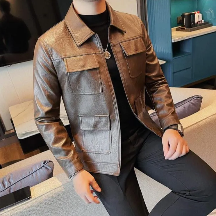 Men's Leather Motorcycle Jacket - Fashion Lapel Design, Casual Streetwear PU Coat for Business & Social Outfits