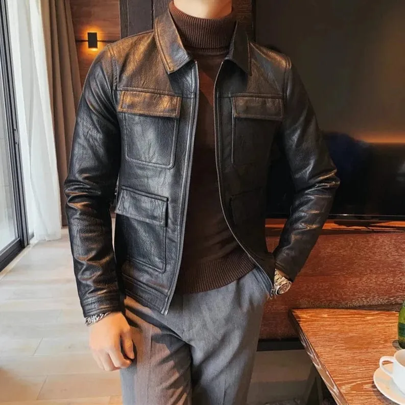 Men's Leather Motorcycle Jacket - Fashion Lapel Design, Casual Streetwear PU Coat for Business & Social Outfits