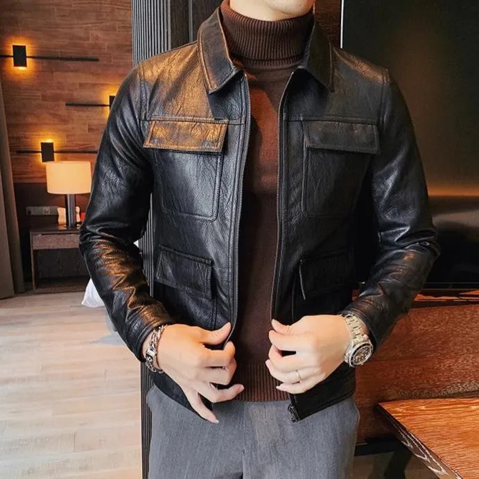 Men's Leather Motorcycle Jacket - Fashion Lapel Design, Casual Streetwear PU Coat for Business & Social Outfits