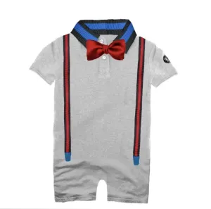 Mini Shatsu Infant Boys Silk Bow Tie Suspender Polo Shirt Romper