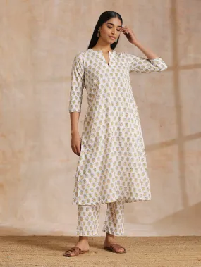 Multi Color Floral Booti Print Cotton Flared Kurta Pant Set