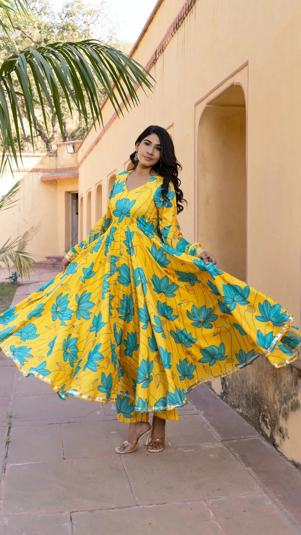 Muslin Yellow & Blue Printed Anarkali Set with Chiffon Dupatta