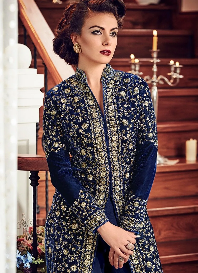 Navy Blue All Embroidered Jacket Style Anarkali Suit