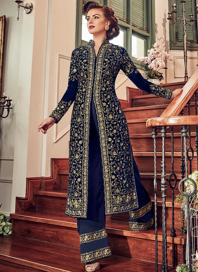 Navy Blue All Embroidered Jacket Style Anarkali Suit