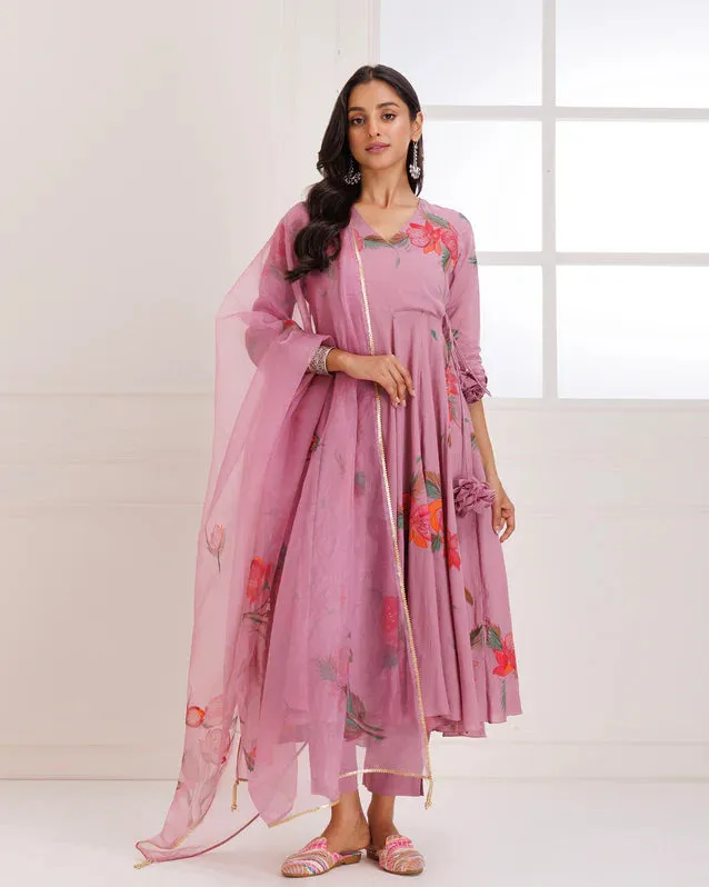 Organza Rose Pink Angrakha Hand Painted Anarkali Suit Set with Dupatta