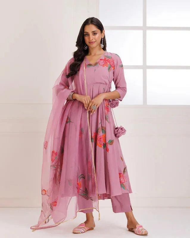 Organza Rose Pink Angrakha Hand Painted Anarkali Suit Set with Dupatta